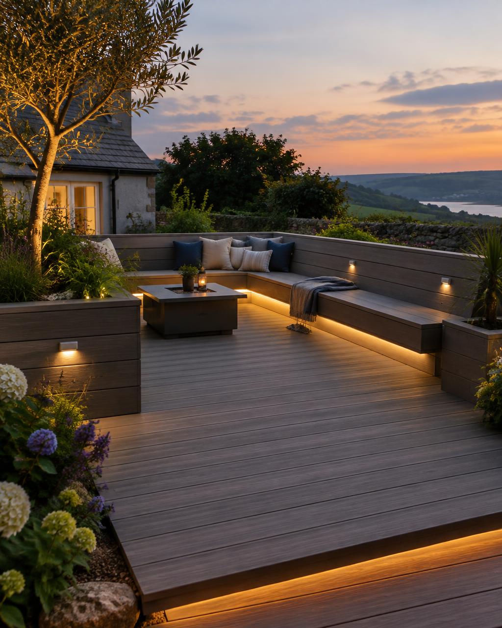 Composite deck with lit seating