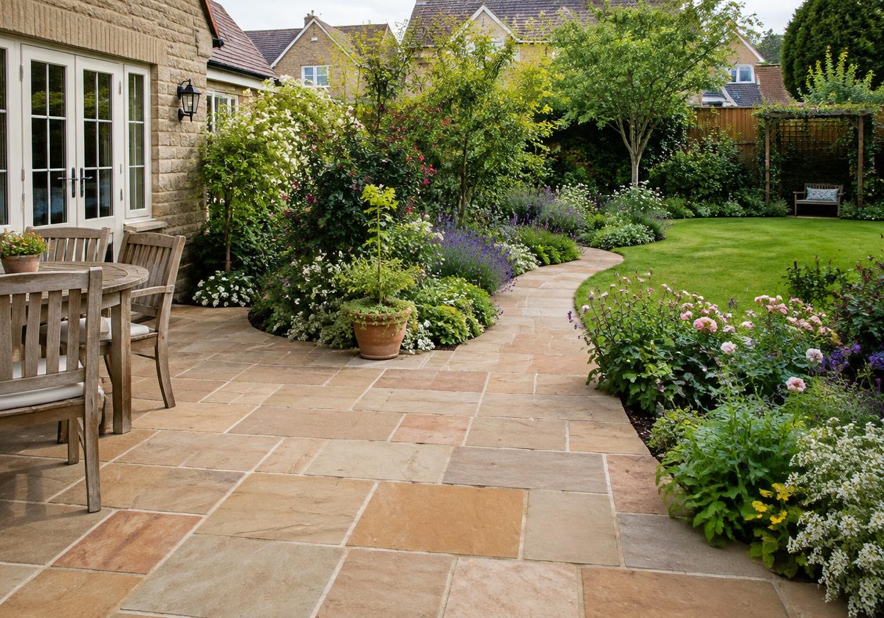 Sandstone patio & curved path